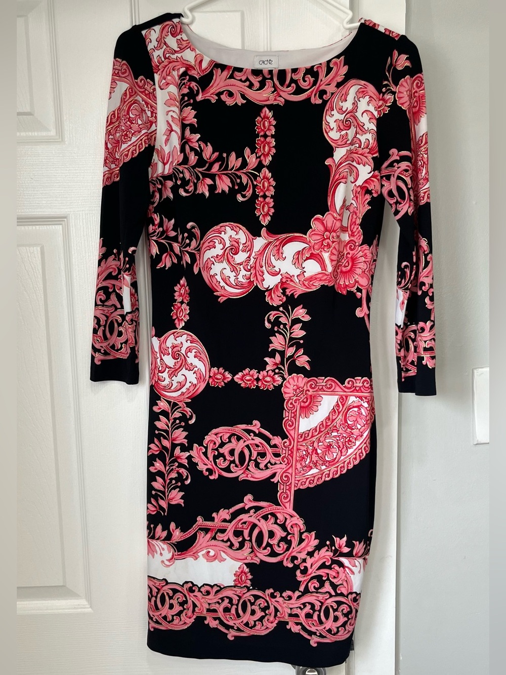 Cache Black Dress with Pink Baroque Print - Midi Sheath
